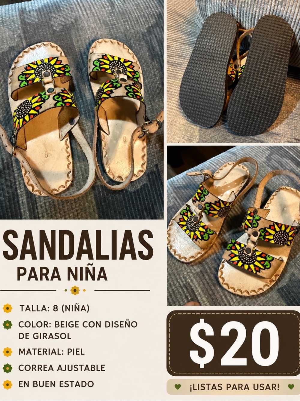 Girls Beige Leather Sandals with Sunflower Design